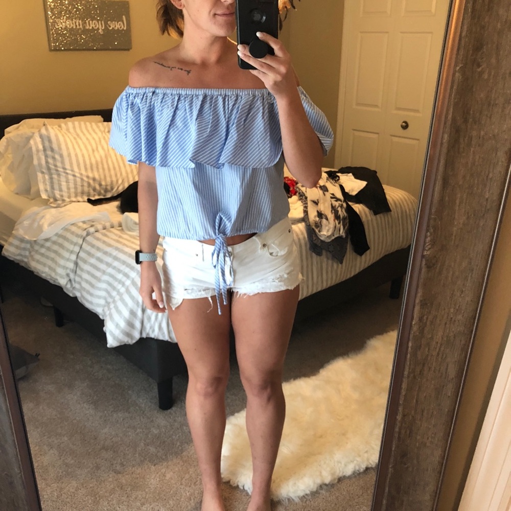 blue boat neck shirt